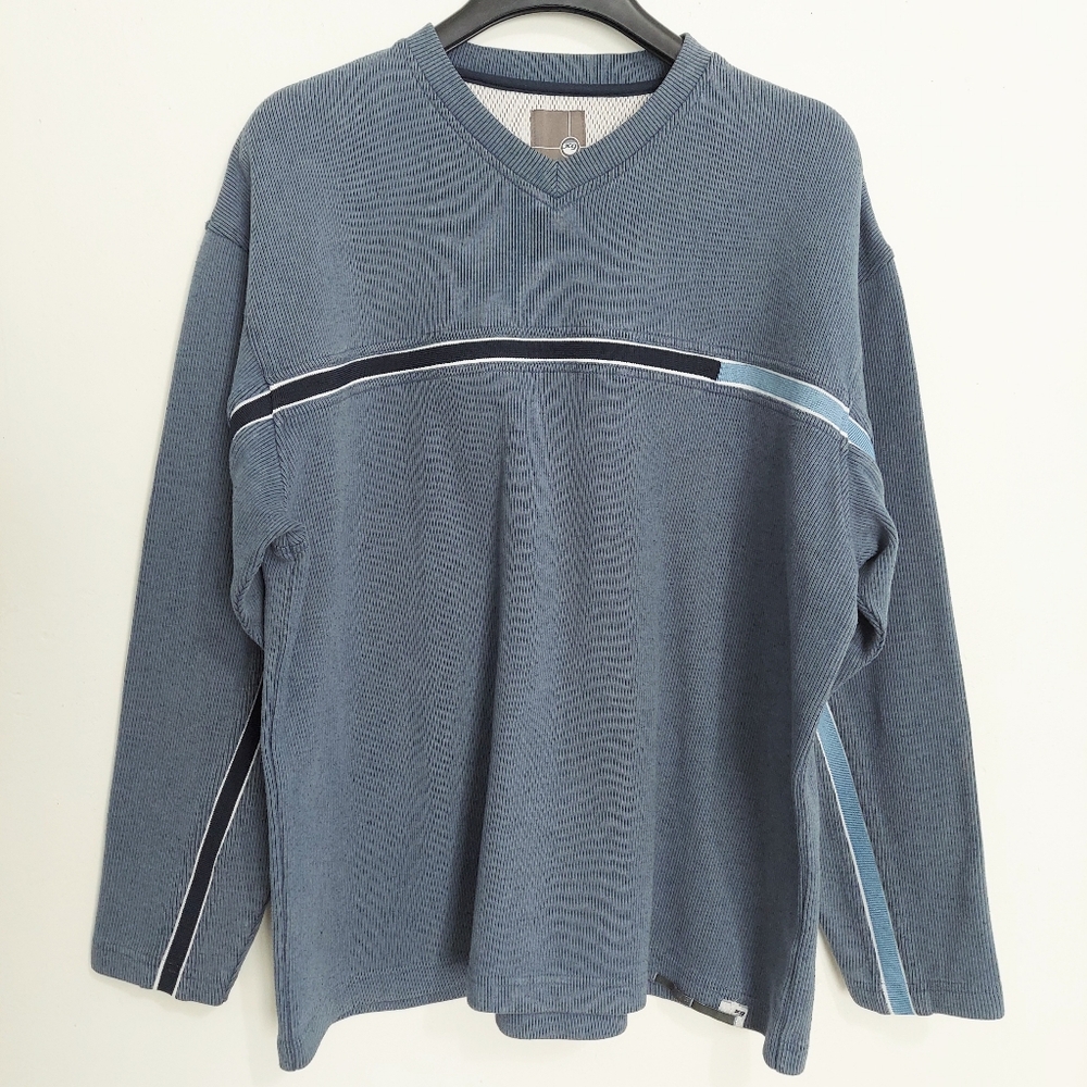 XG Extreme Gear Mens V-Neck Sweater Blue Striped Long Sleeve Size Large L Ribbed